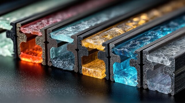 Colorful glass strips in metal frames, close-up, angled, on a dark surface