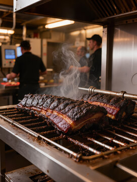 Smoked pork ribs on grill with rising steam and kitchen staff in background