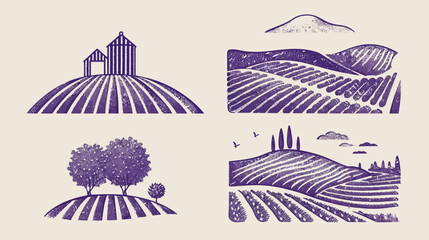 Fototapeta premium Four stylized illustrations of rural landscapes with fields, trees, hills, and structures