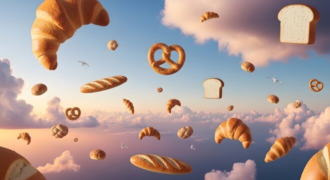 A surreal scene of various types of bread and pastries floating in the air amidst fluffy white clouds and a serene blue sky with a few birds flying around