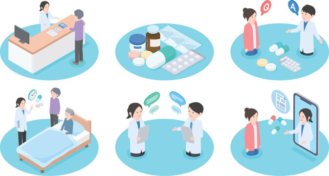 いろいろな仕事をしている薬剤師のイラストセット