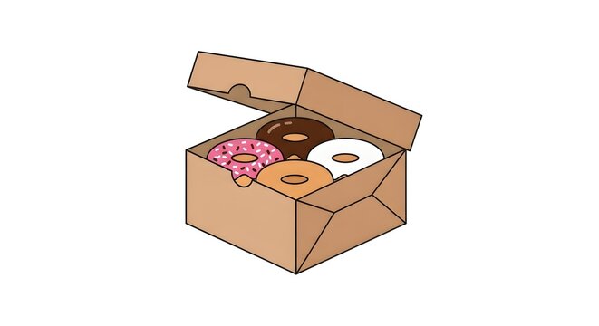 Minimal flat vector illustration of an open box of four assorted donuts with toppings. Clean graphic on a white background, ideal for sweet dessert concepts