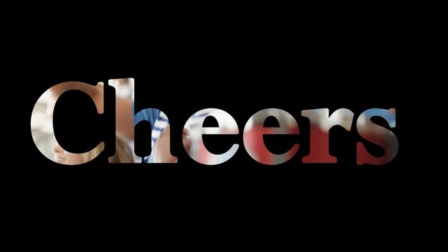 Cheerful cheers text animation on black background with colorful letters