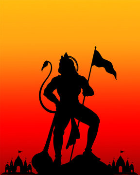 Standing Lord Hanuman silhouette holding flag on rocky peak with temple skyline and blazing sunset, bold Hanuman Jayanti spiritual Hindu festival vector background