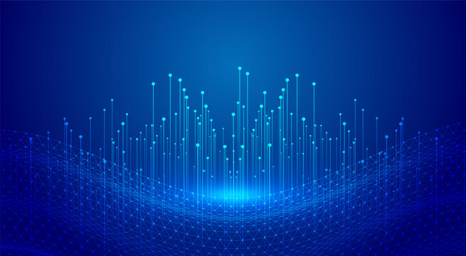 Abstract digital network visualization with interconnected glowing blue lines and nodes forming a futuristic wave pattern against a dark blue gradient background representing data flow and