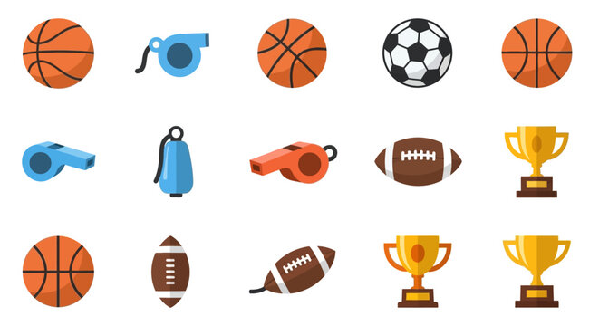 Sports icons set with balls trophies whistles