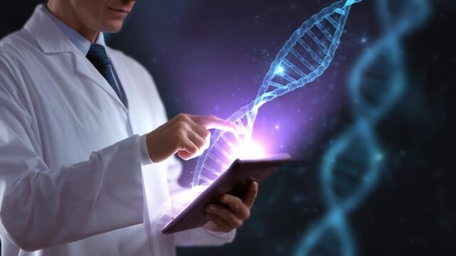 Decoding Life: A scientist, immersed in the study of DNA, explores the intricate double helix through advanced digital technology.