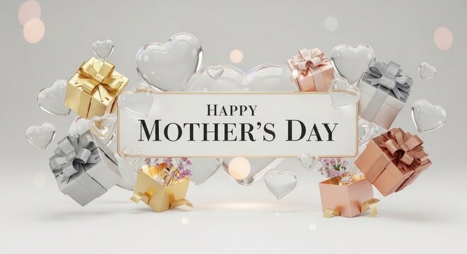 Happy Mothers Day 3 D rendered banner with gifts and hearts mother's day background wallpaper poster banner download 2026 2027