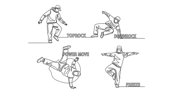 Line art illustration depicting various breakdancing poses and movements