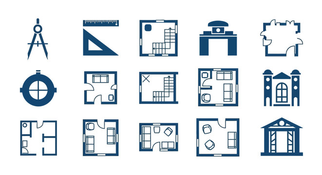 Set of various architectural blueprints and construction icons on white background