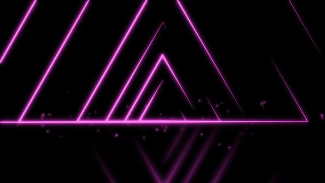 Neon triangular tunnel reflection background animation, futuristic geometric tunnel with small glowing particles