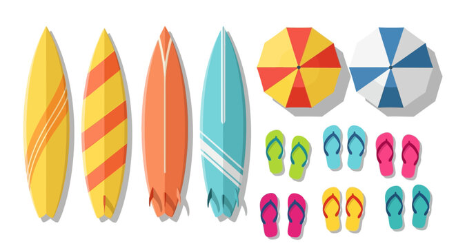 Colorful beach items collection surfboards umbrellas flip flops