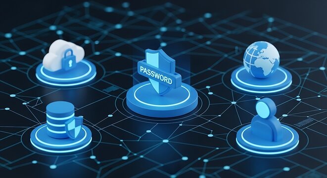 Digital network security concept with password protection and data encryption for online safety. Cybersecurity, Data Protection, Password Security, Network Connection, Digital Privacy, Cloud Security,