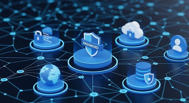 Digital network security concept with password protection and data encryption for online safety. Cybersecurity, Data Protection, Password Security, Network Connection, Digital Privacy, Cloud Security,