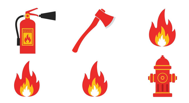 Fire safety icons firefighter tools and flames