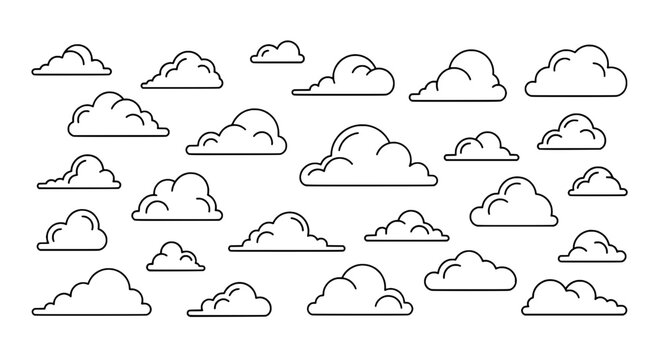 Clouds doodle set with various puffy shapes and line drawings featuring cloud illustrations, cloud collection, white background with clip art and