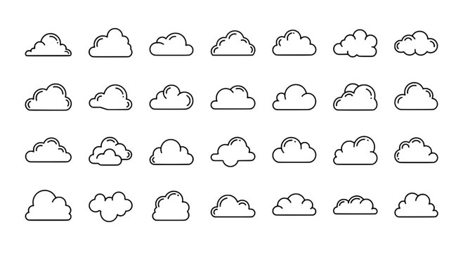 Clouds line drawn set with black outlines and various puffy white shapes featuring weather icons, weather symbols, cloud illustrations with cloud