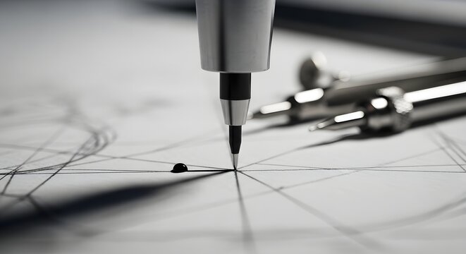 Precision drafting with a technical pen on detailed blueprint paper