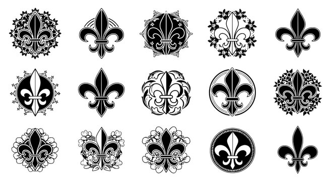 Fleur-de-lis decorative set with black and white illustrations, ornate designs, and floral patterns featuring pattern, design, illustration with