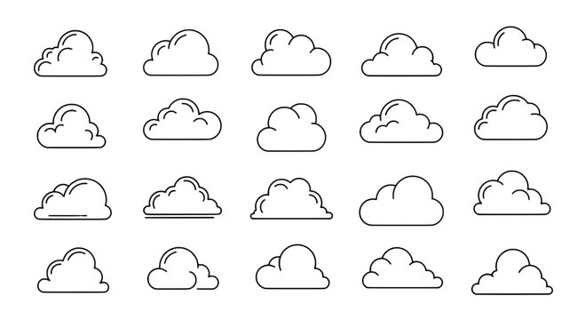 Clouds line drawn set with various puffy white shapes and black outlines, weather icons featuring cloud illustrations, cloud graphics, cloud