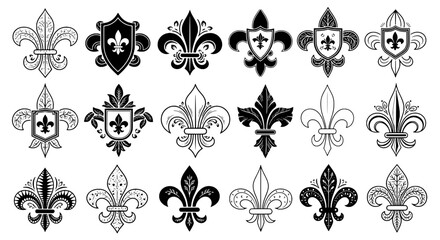 Obraz premium Fleur-de-lis heraldic symbol set with black and white designs, ornate fleur-de-lis and shield crests with detailed illustrations.