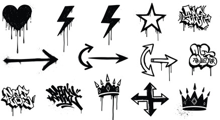 Grunge graffiti elements vector set with arrows lightning star crown and urban spray symbols for street art design © MDShahin
