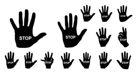 Fototapeta premium Hands palm stop sign set with black silhouettes and white text featuring hand, silhouette, gesture with prohibition and halt elements for cease,