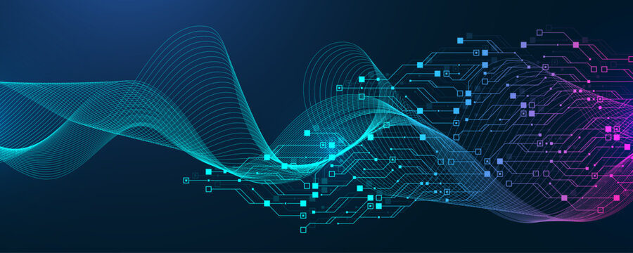 Abstract digital wave and circuit board pattern representing data flow and network connectivity with a gradient of blue and purple hues creating a futuristic technological background