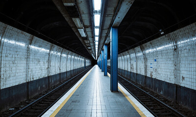 Fototapeta premium Subway station platform stretching into a dark tunnel with grimy tiled walls and blue pillars in a deserted underground terminal