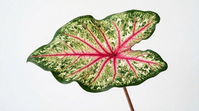 Vibrant caladium leaf with striking pink and green patterns