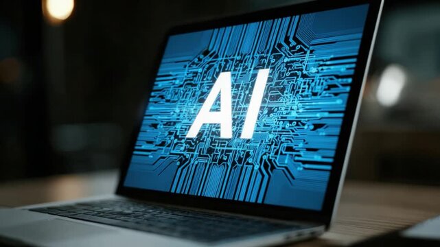 AI Technology on Display: A modern laptop showcases the captivating AI inscription, symbolizing the cutting edge of technological innovation.