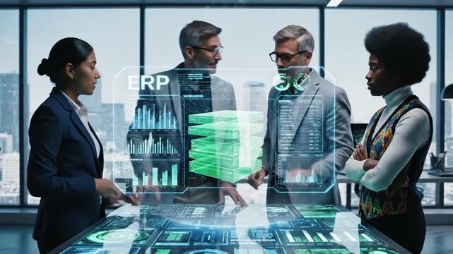 Graphic Resources High-quality 4K footage of a diverse business team collaborating on an advanced ERP system using futuristic holographic table display for data analysis in modern office scene 4 with