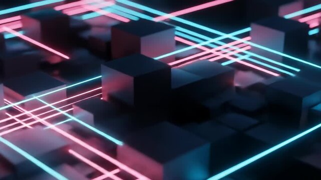 A 3D rendering of a futuristic digital landscape with neon pink and blue lines intersecting 3D cubes