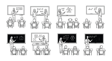 Obraz premium Line art illustrations depicting teachers giving lessons at school blackboards