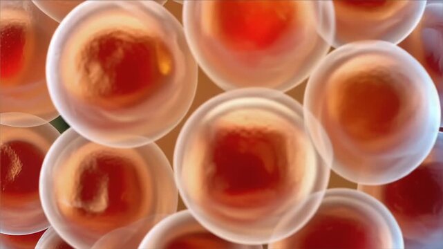 Adipose tissue cell cluster 3D spherical formation with detailed biological membranes and vibrant medical structures glowing softly blue background