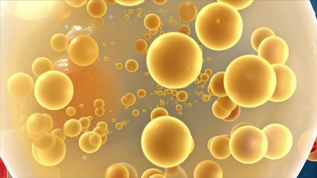 Adipose tissue cell lipid droplets float blue background showing biological fat storage energy reserve microscopic structure and cellular composition