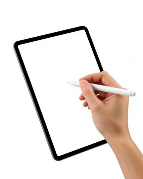 A person is holding a digital pen and drawing on a blank tablet screen against white background isolated on white background