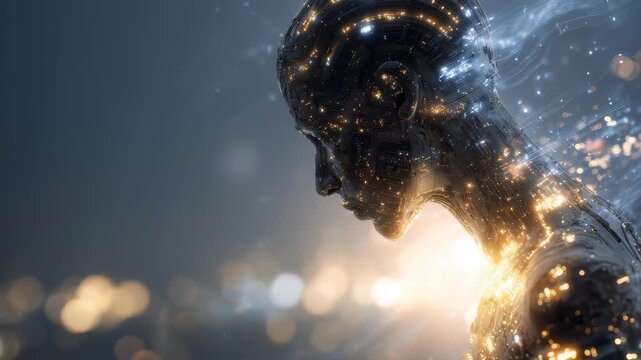 Futuristic humanoid robot illuminated by glowing lights, representing artificial intelligence and advanced technology. Digital sparks and ethereal energy create a visionary sci fi atmosphere