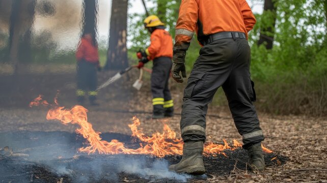 Professional firefighters managing a prescribed burn to prevent forest wildfires