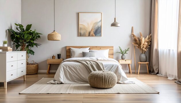 Modern bedroom interior with bed and furniture.