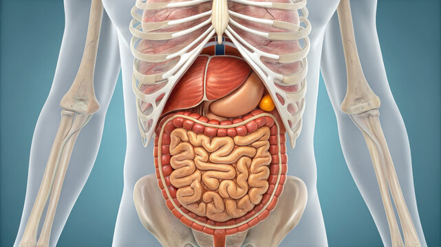 Human digestive system with adipose tissue shown in detailed anatomical illustration highlighting intestines and rib cage bones