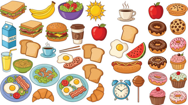 Breakfast and fast food collection with sandwiches donuts coffee eggs and pastries cartoon vector illustration set isolated on white background