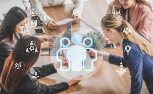 Glowing human figures surrounded by business icons representing HR data analysis, employee management, and recruitment analytics Parse
