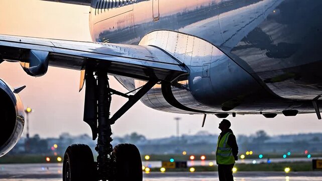 Silhouette of ground crew member inspecting large commercial aircraft at dusk on airport tarmac, with reflective fuselage and runway lights &mdash; aviation safety and operations