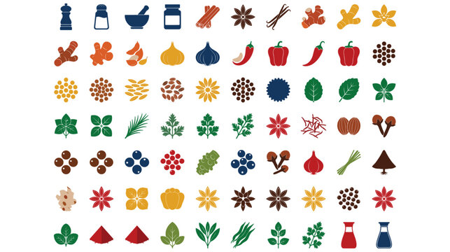 Collection of food spices and ingredients for cooking and health.