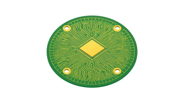 A circular green printed circuit board with a central gold processor on a clean white background isolated on white background