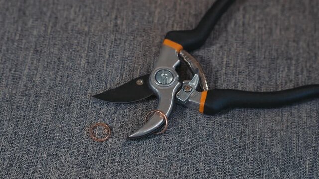 Strong metaphor of divorce rings and cutting tool reflect marriage ending and emotional conflict between partners