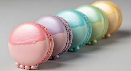 Obraz premium Diagonal Row of Vibrant French Macarons with Pastel Cream Fillings Minimalist Sweet Food Photography for Patisserie Branding and Gourmet Dessert Menus