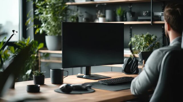 Modern home office workspace with a large computer monitor, stylish desk accessories, and lush green plants. A man sits at the desk, creating a productive and inspiring environment