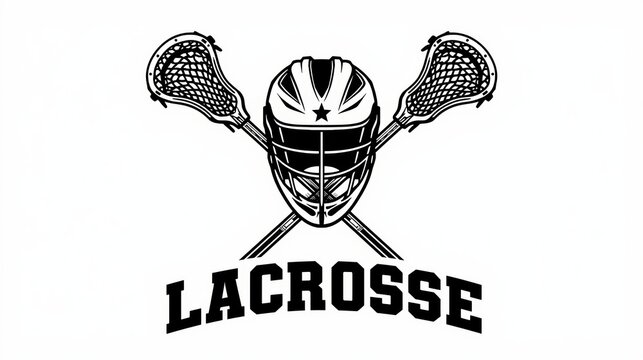 Vintage lacrosse sports emblem, crossed lacrosse sticks and protective helmet, black and white athletic team logo on white background
